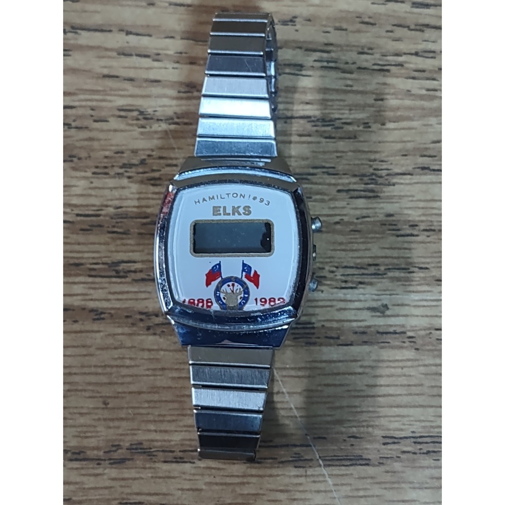 Vintage Hamilton 1893 Elks Lodge 1868-1982 Digital Watch Silver Tone Expansion